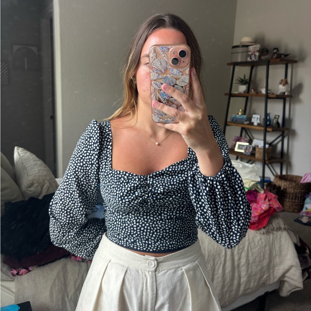 Blue and White Puff Sleeve top